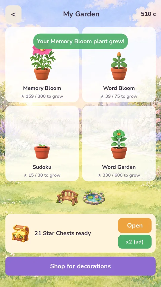 My Garden screen with four potted plants at different stages