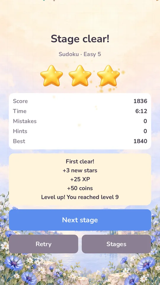 Stage clear screen with three stars, score and rewards