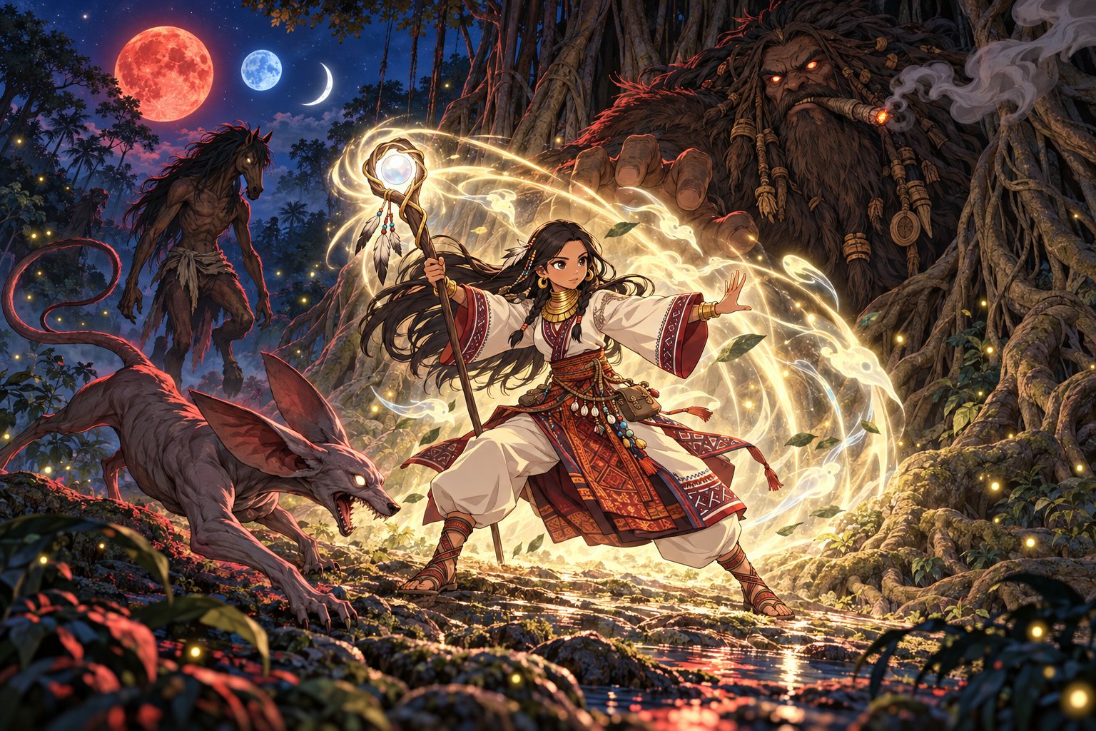 A babaylan casting a ring of moonlight at the roots of a great balete, facing a Kapre, a Sigbin and a Tikbalang